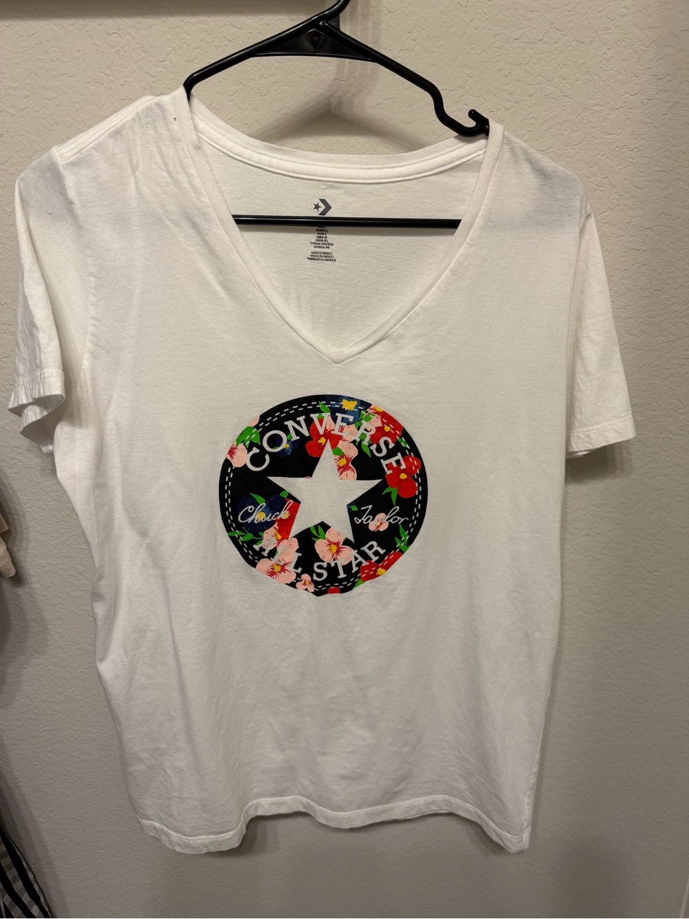 Converse Women's White V-Neck Graphic Tee - Floral Star Logo